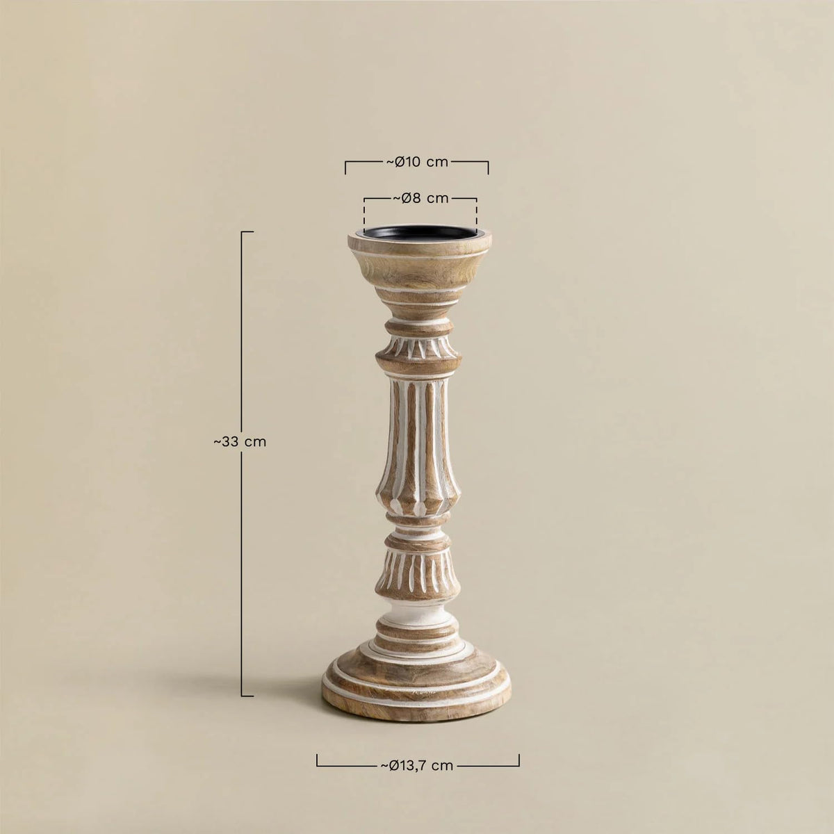 A distressed beige and white candlestick holder with dimension lines showing its height of approximately 33 cm, top diameter of 10 cm, and base diameter of 13.7 cm, set against a solid beige background.