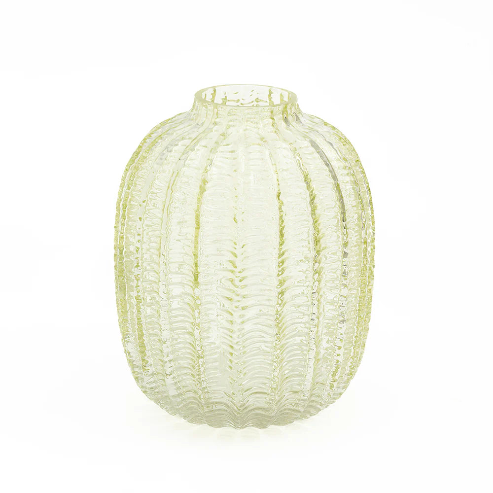 A ribbed, textured glass vase with a rounded, pumpkin-like shape in a pale yellow-green hue,