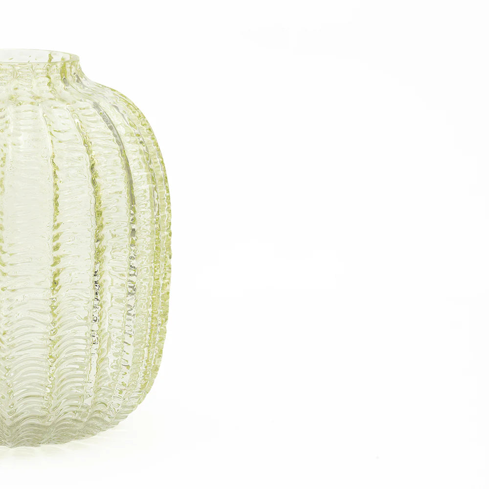 A close-up of a ribbed, textured clear glass vase on a solid white background.