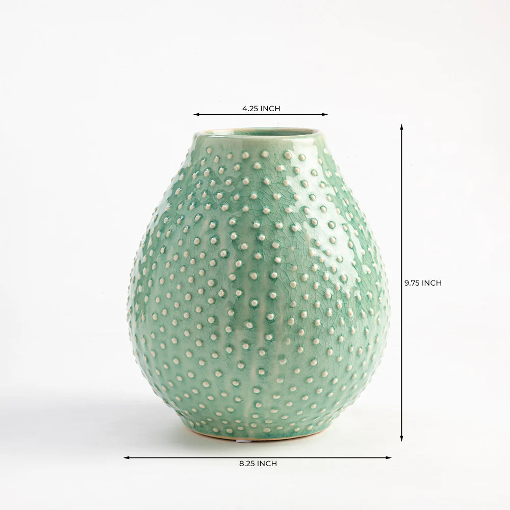 Green textured vase with dimensions on a white background