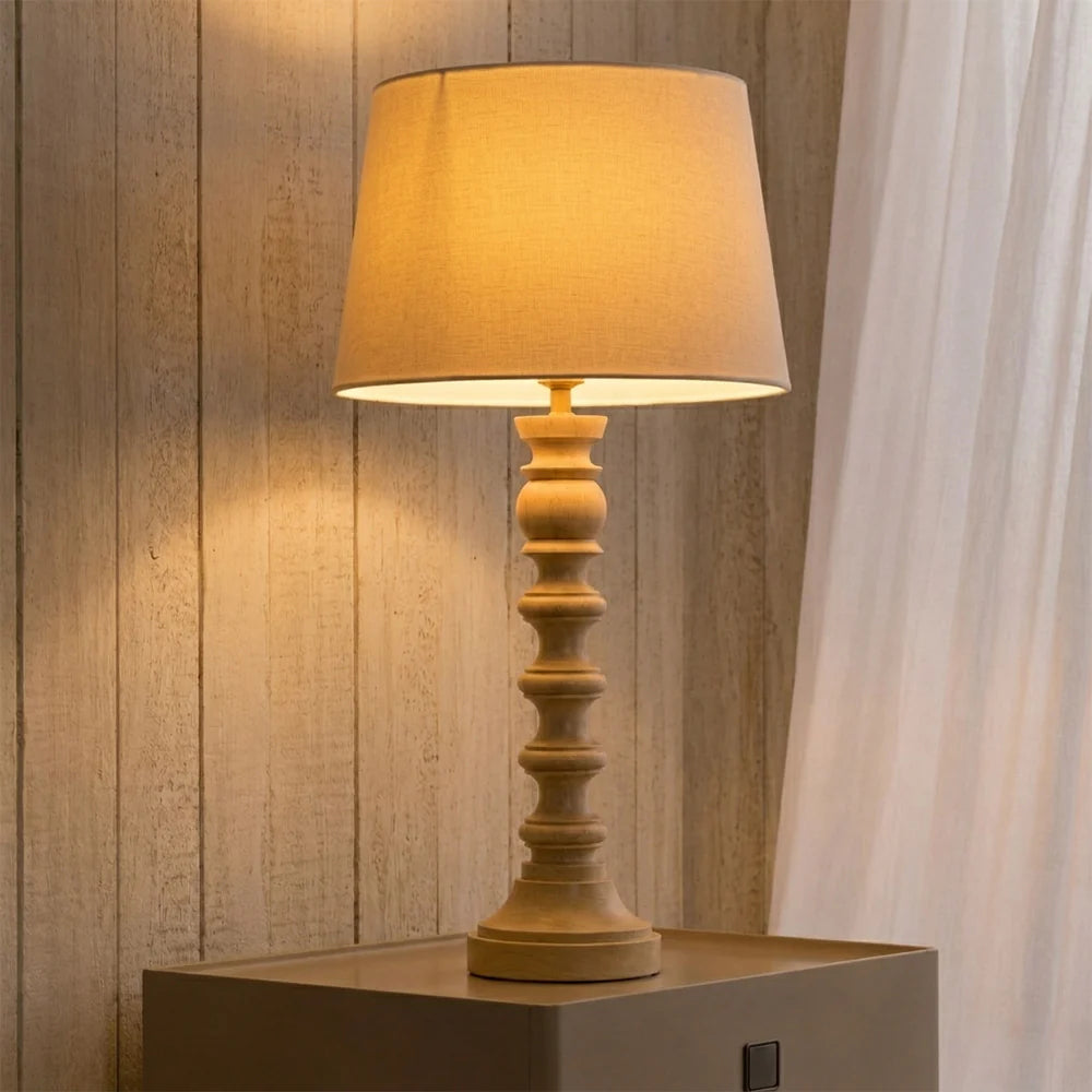 Natural Wood Table Lamp with White Shade