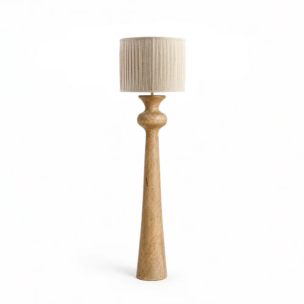 Floor lamp with a wooden base and beige lampshade on a white background
