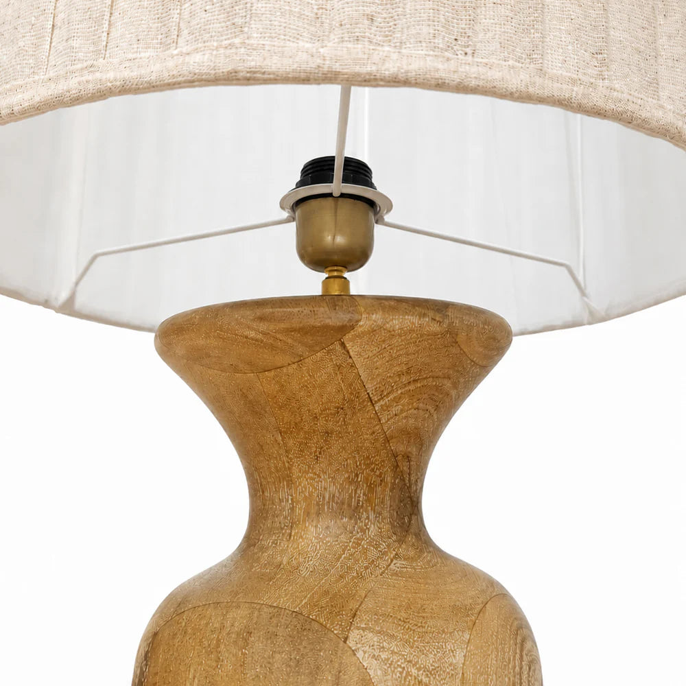 Wooden lamp with a beige lampshade on a white background