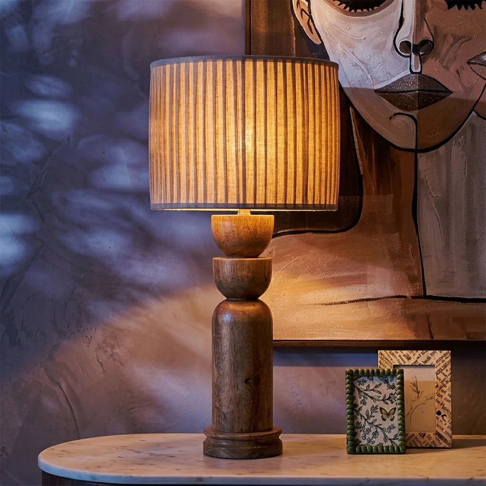 Wooden Orb Column Table Lamp with Pleated Shade